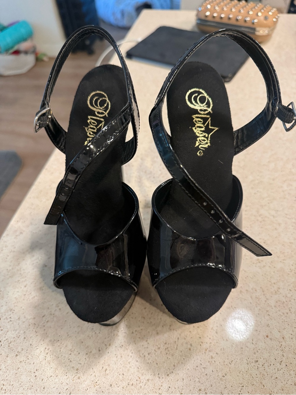 Pleaser Black Patent Open-Toe Platform Heels with Ankle Strap